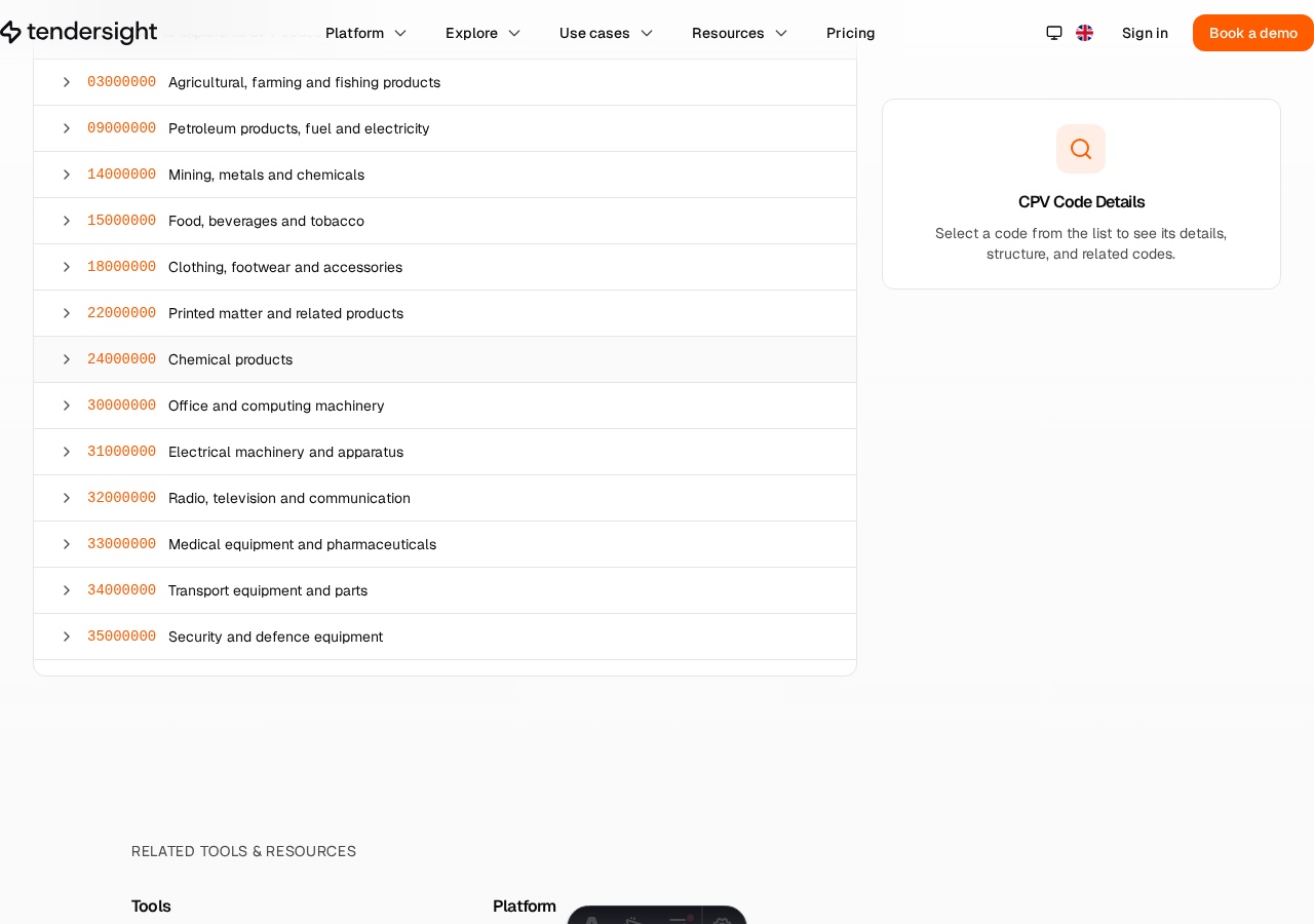 CPV Code Explorer browse by division view