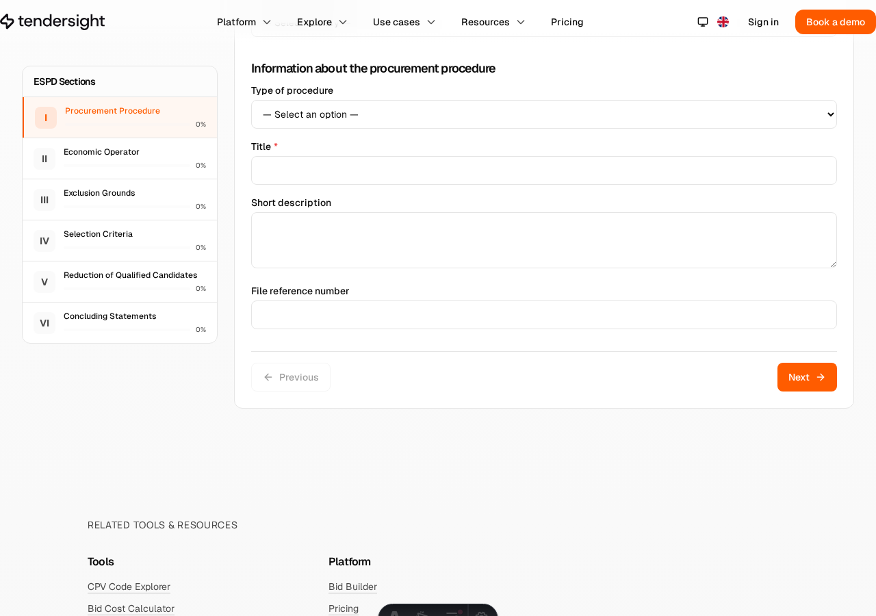 ESPD form fields for procedure information