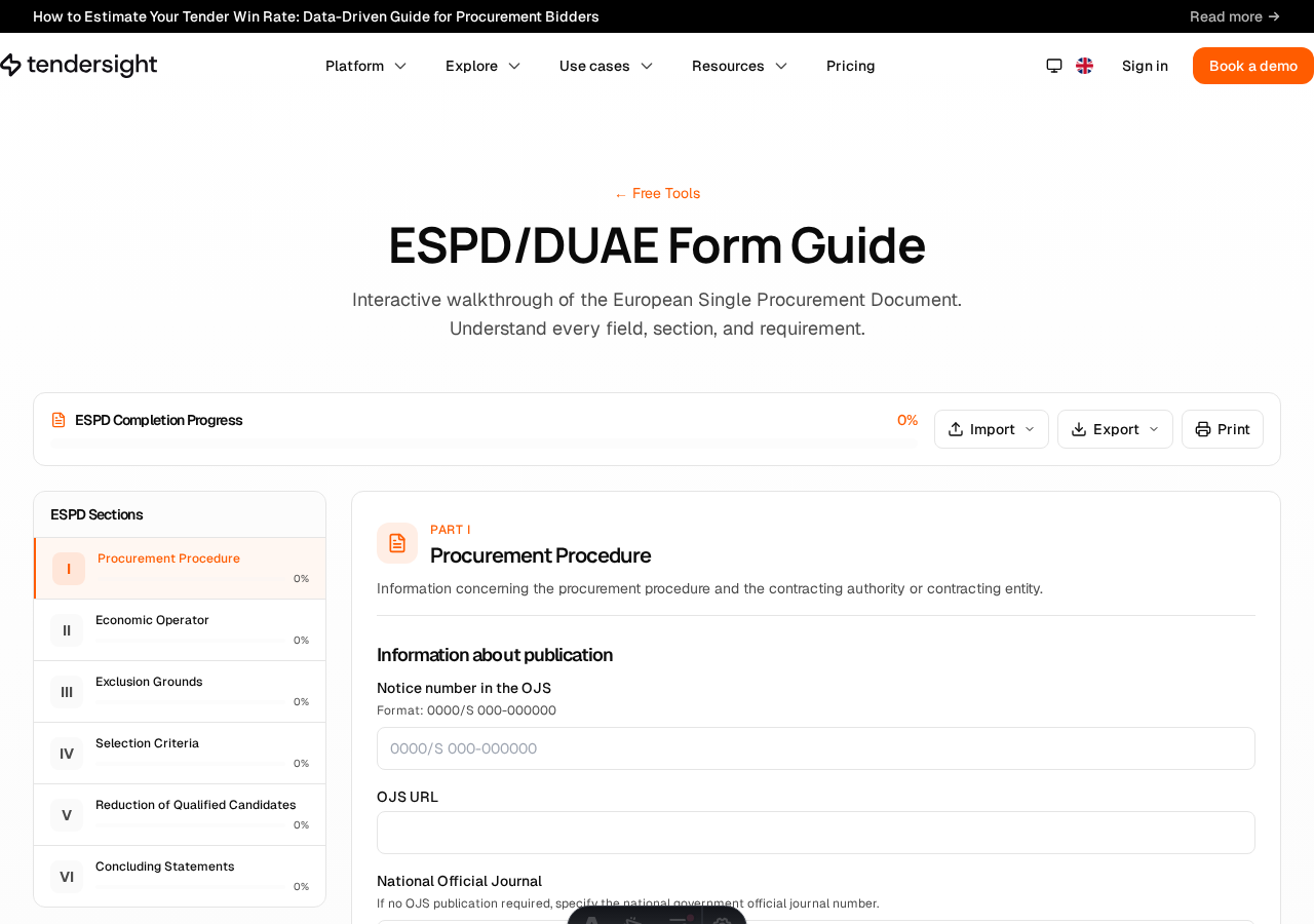 ESPD Guide tool overview showing all 6 parts