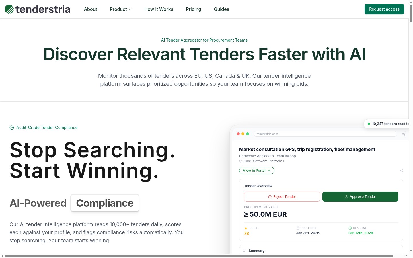 TenderStria tender management software landing page